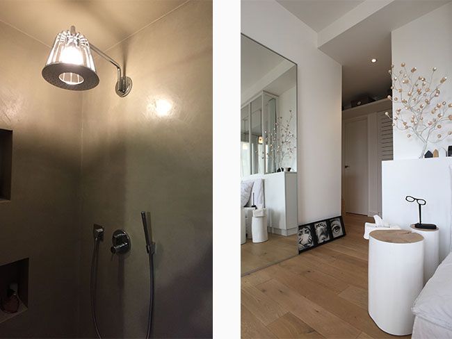 salle de douche avec pommeau de douche faisant lumière
